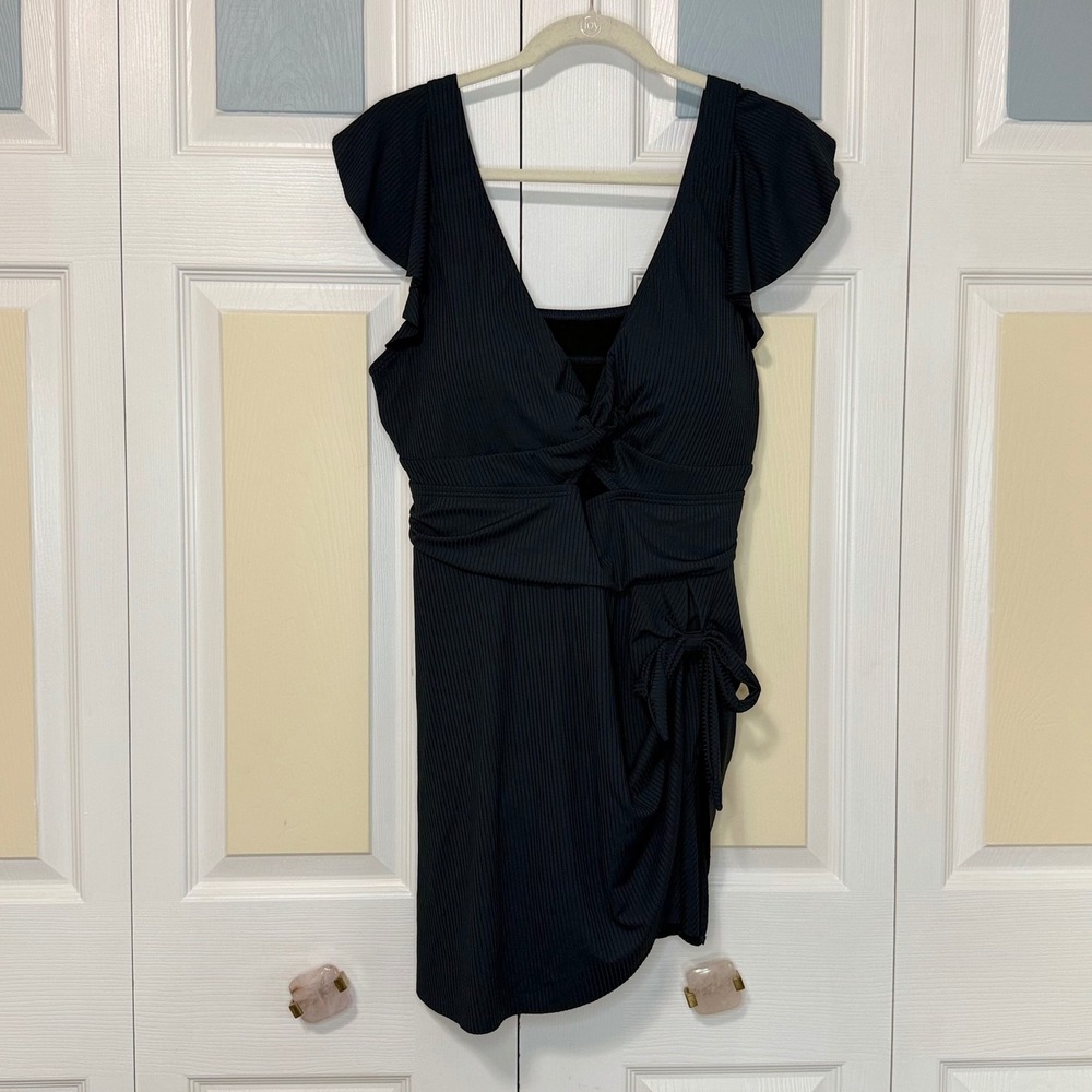 Charmo Navy Ribbed Twist Front Ruffle Swim Dress Plus Size 2X UPF 50+ NEW